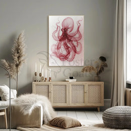 Octopus Illustration in Red and White Animal Poster PosterGoat