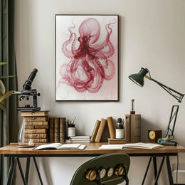 Octopus Illustration in Red and White Animal Poster PosterGoat