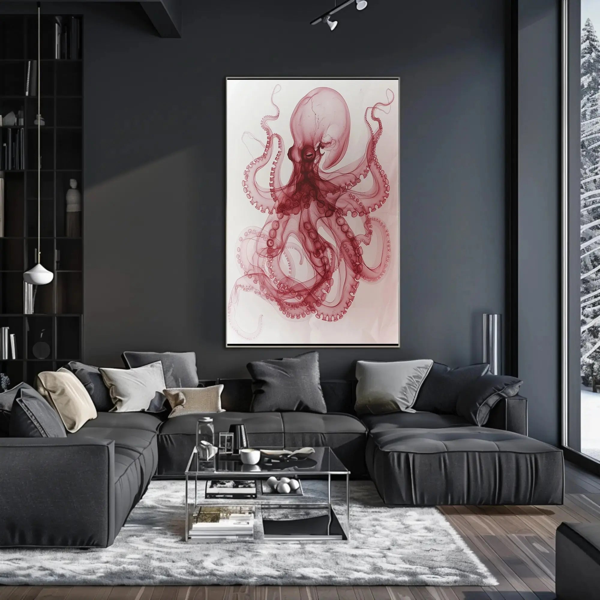 Octopus Illustration in Red and White Animal Poster PosterGoat