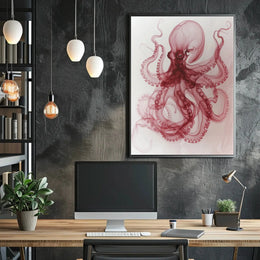 Octopus Illustration in Red and White Animal Poster PosterGoat