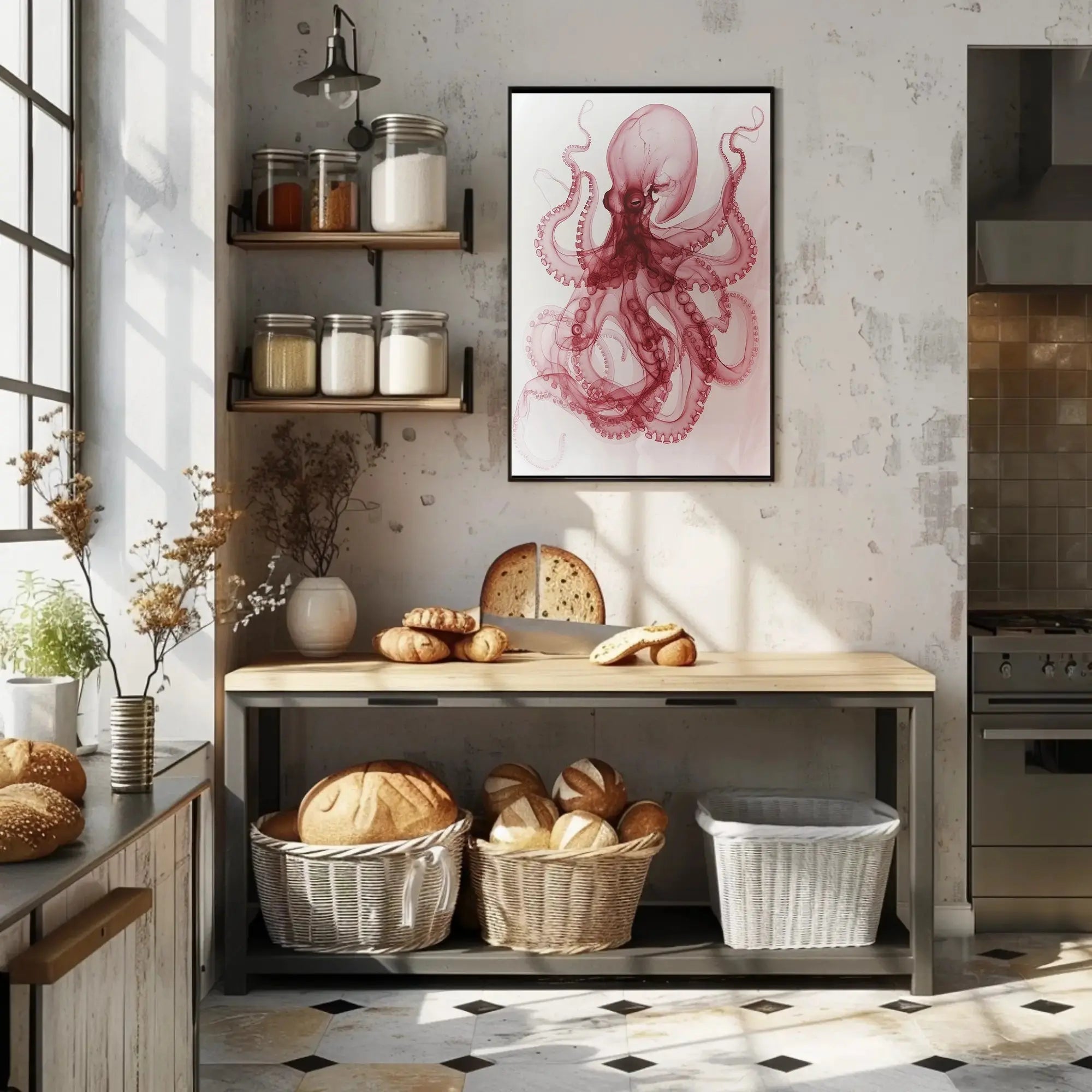 Octopus Illustration in Red and White Animal Poster PosterGoat