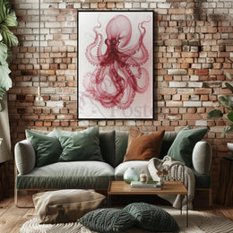 Octopus Illustration in Red and White Animal Poster PosterGoat