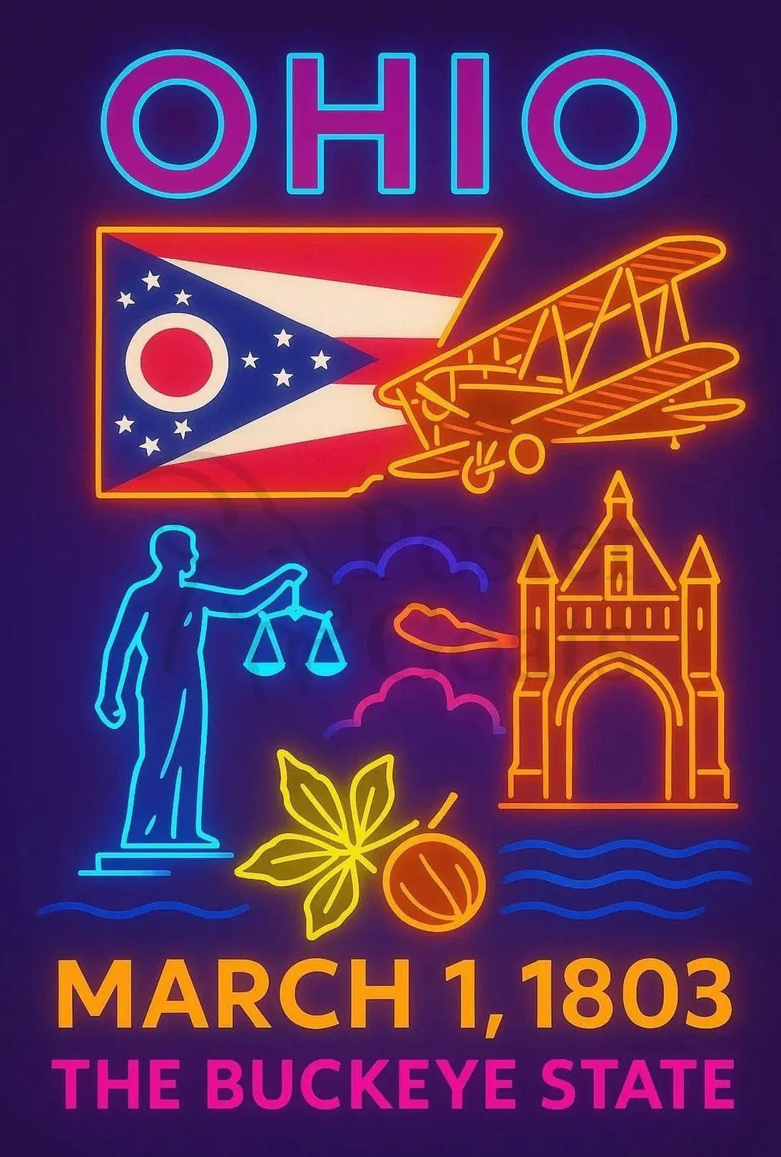 Ohio Statehood Celebration Neon Design Cultural or Heritage Poster PosterGoat