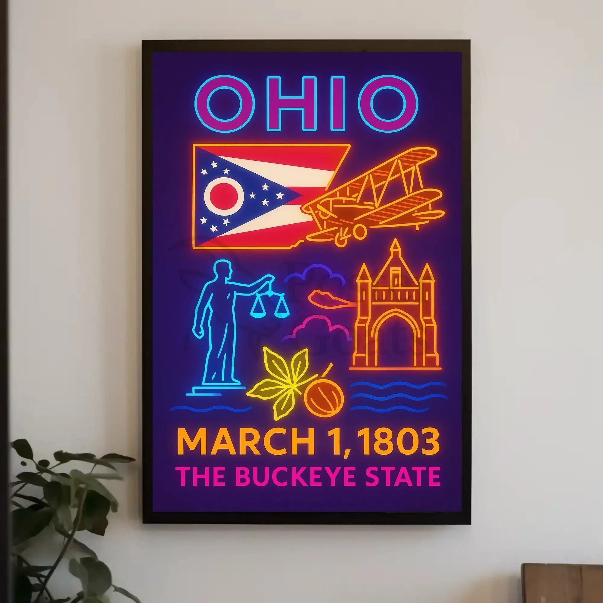 Ohio Statehood Celebration Neon Design Cultural or Heritage Poster PosterGoat