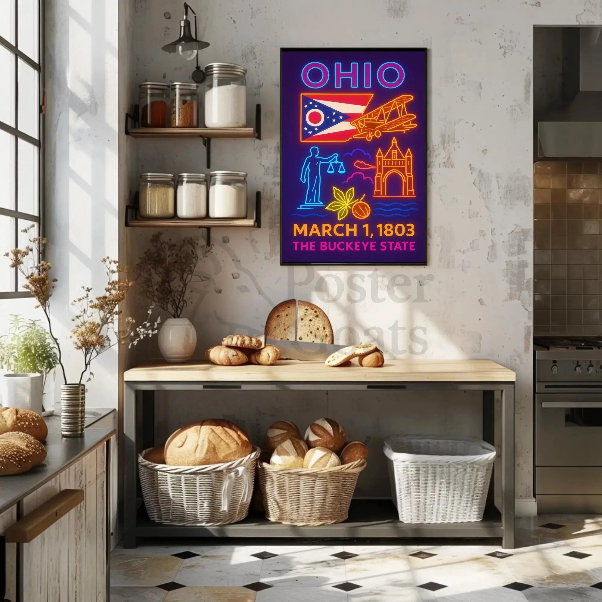 Ohio Statehood Celebration Neon Design Cultural or Heritage Poster PosterGoat