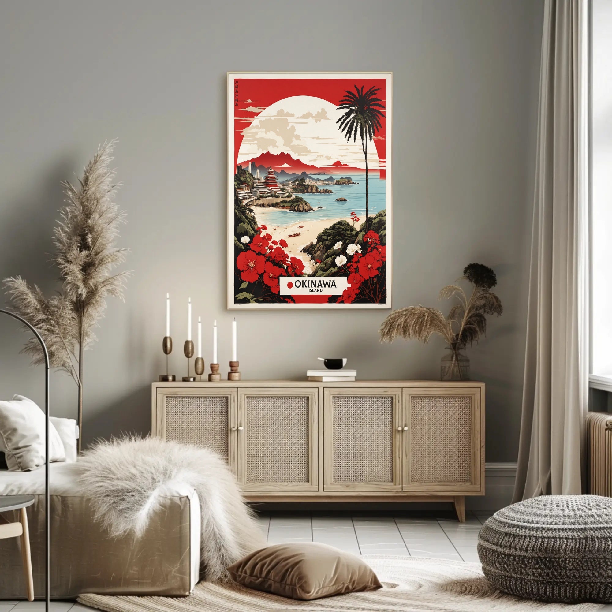 Okinawa Seaside Serenity: Retro-Inspired Travel Poster PosterGoat