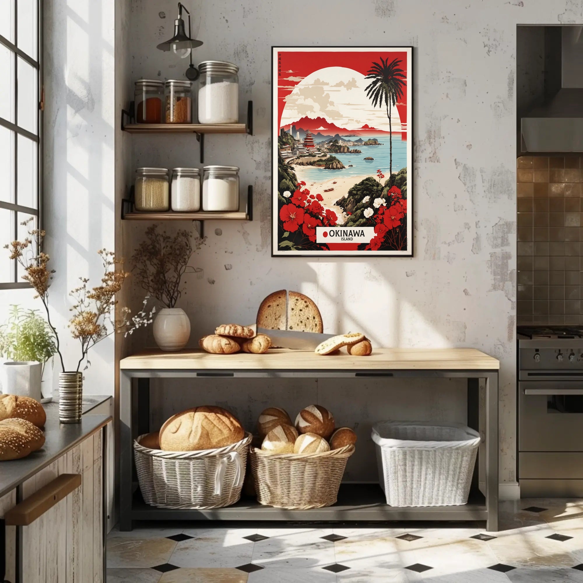 Okinawa Seaside Serenity: Retro-Inspired Travel Poster PosterGoat