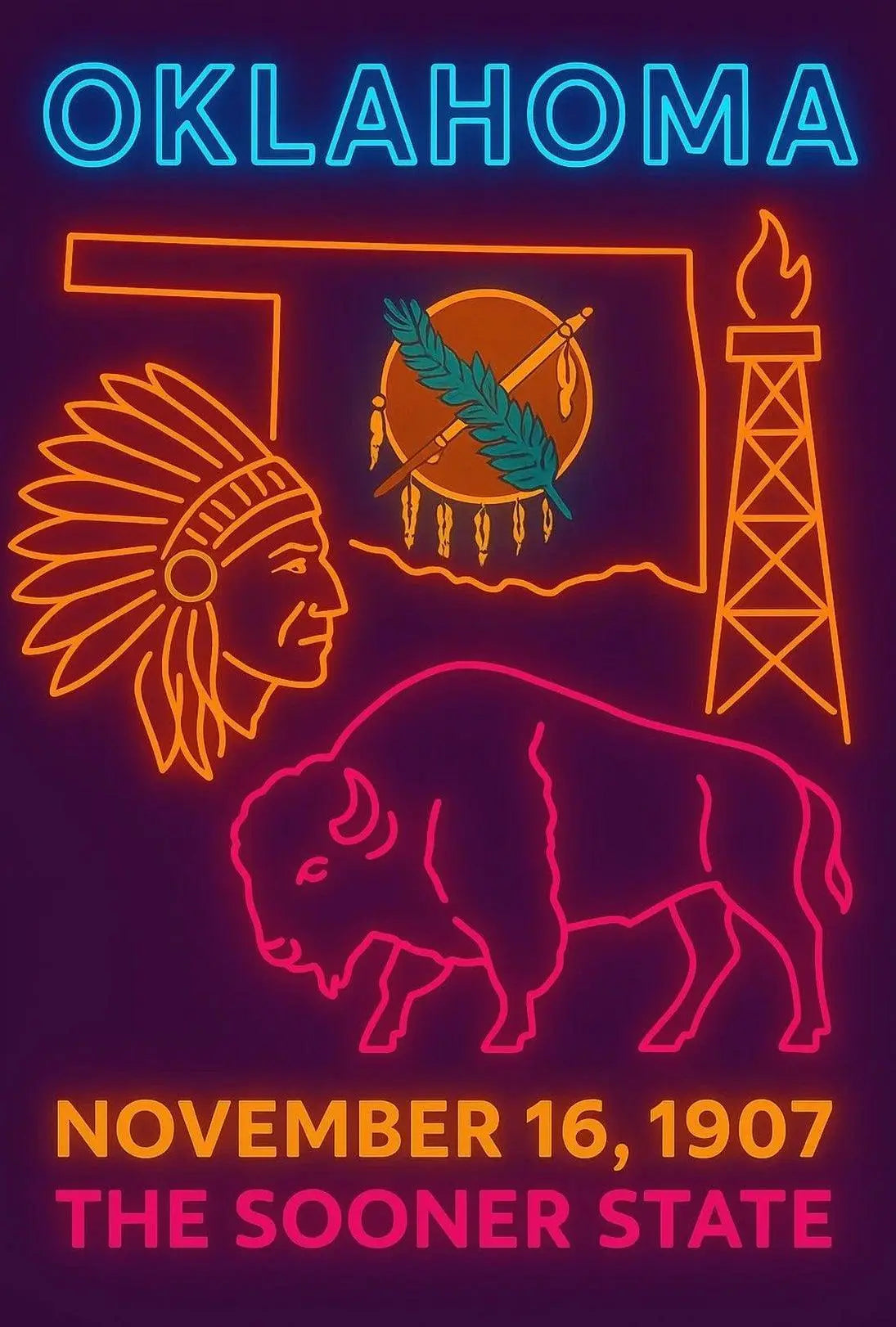 Oklahoma Statehood Celebration Neon Design Cultural Poster PosterGoat