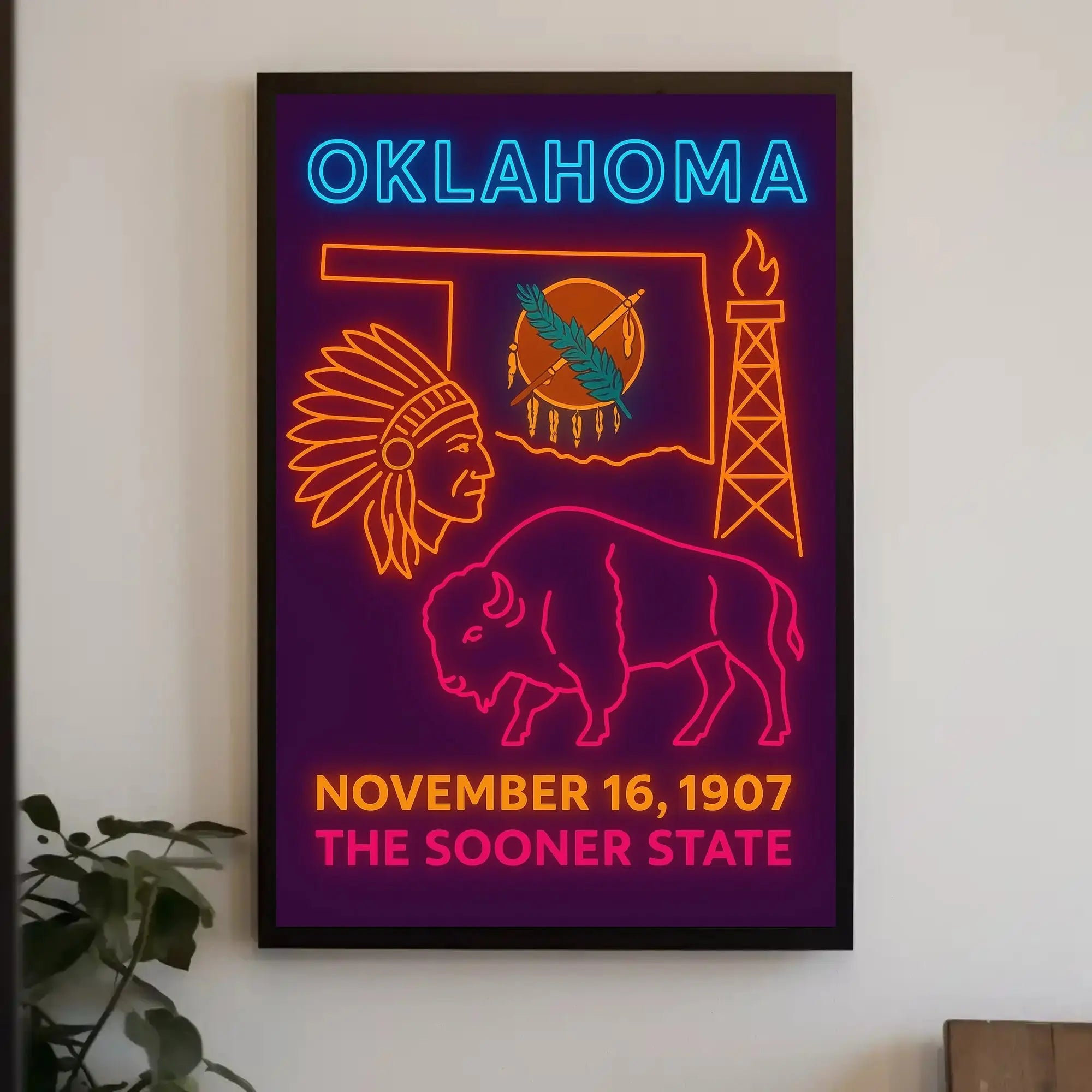 Oklahoma Statehood Celebration Neon Design Cultural Poster PosterGoat