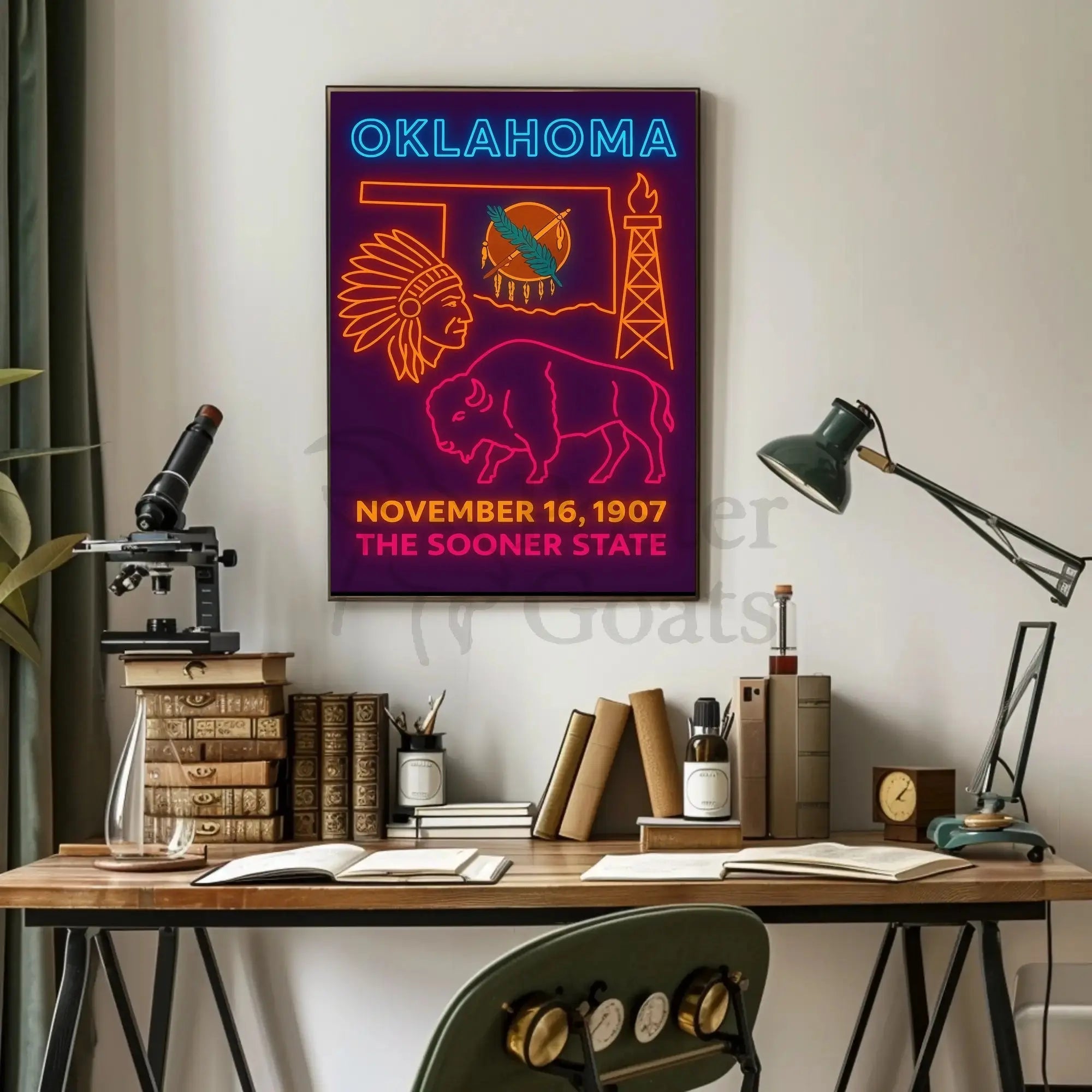 Oklahoma Statehood Celebration Neon Design Cultural Poster PosterGoat
