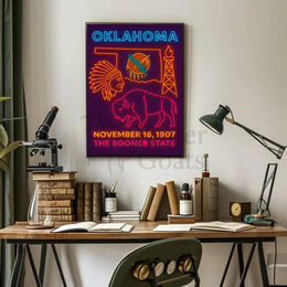 Oklahoma Statehood Celebration Neon Design Cultural Poster PosterGoat