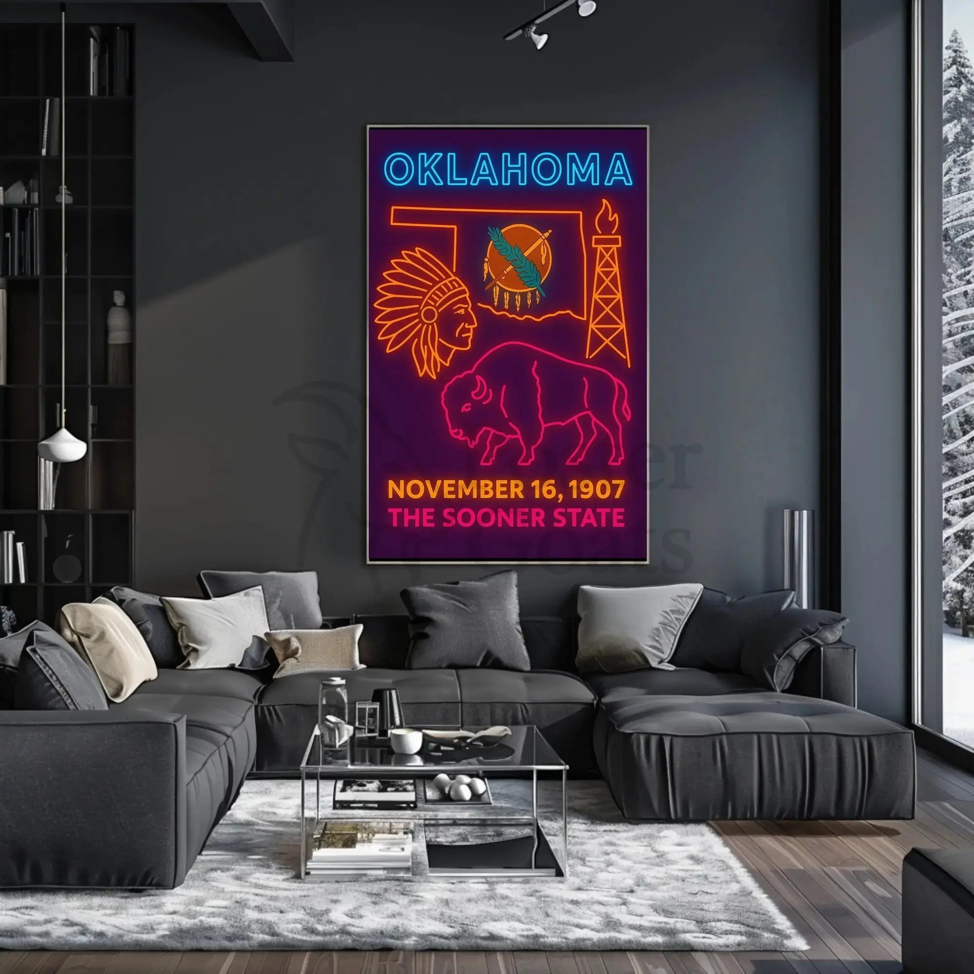 Oklahoma Statehood Celebration Neon Design Cultural Poster PosterGoat