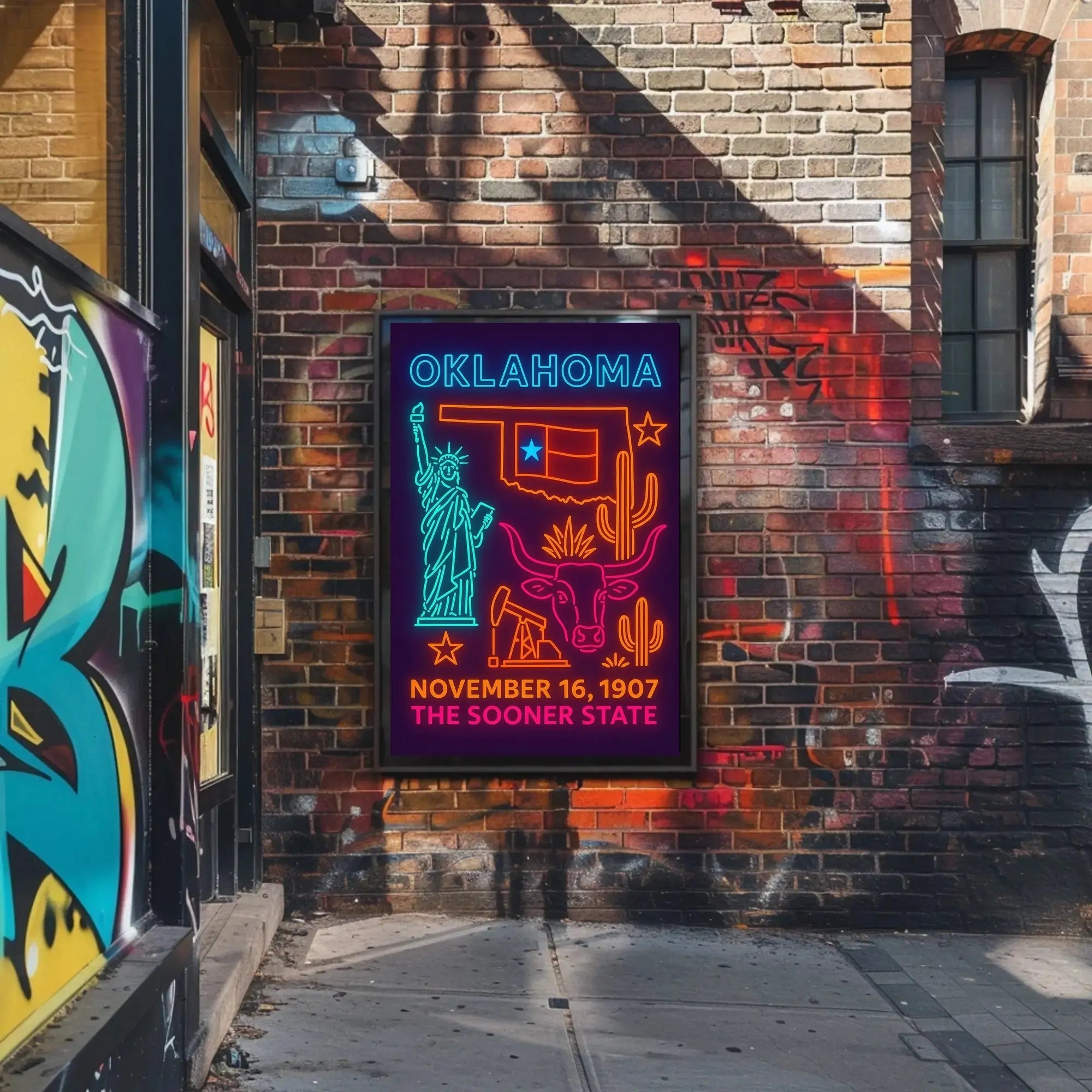 Oklahoma Statehood Neon Art Cultural Heritage Poster PosterGoat
