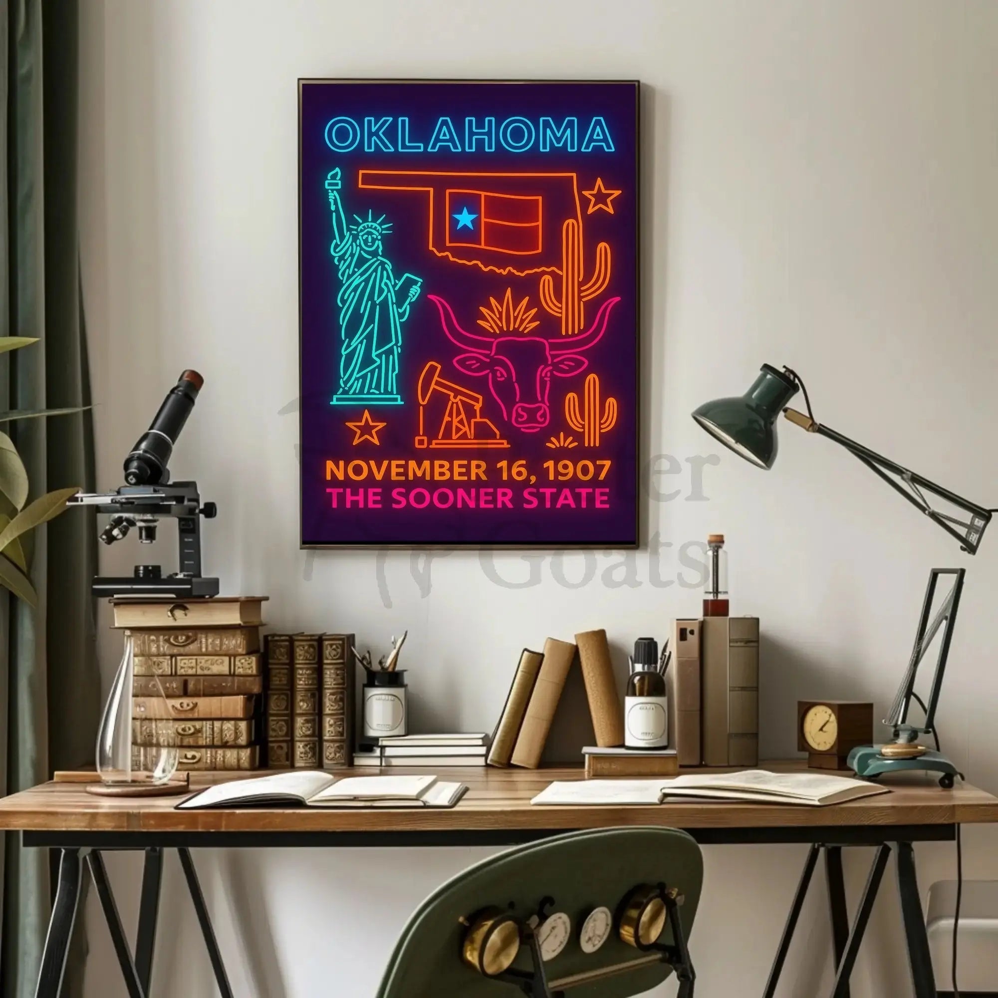 Oklahoma Statehood Neon Art Cultural Heritage Poster PosterGoat
