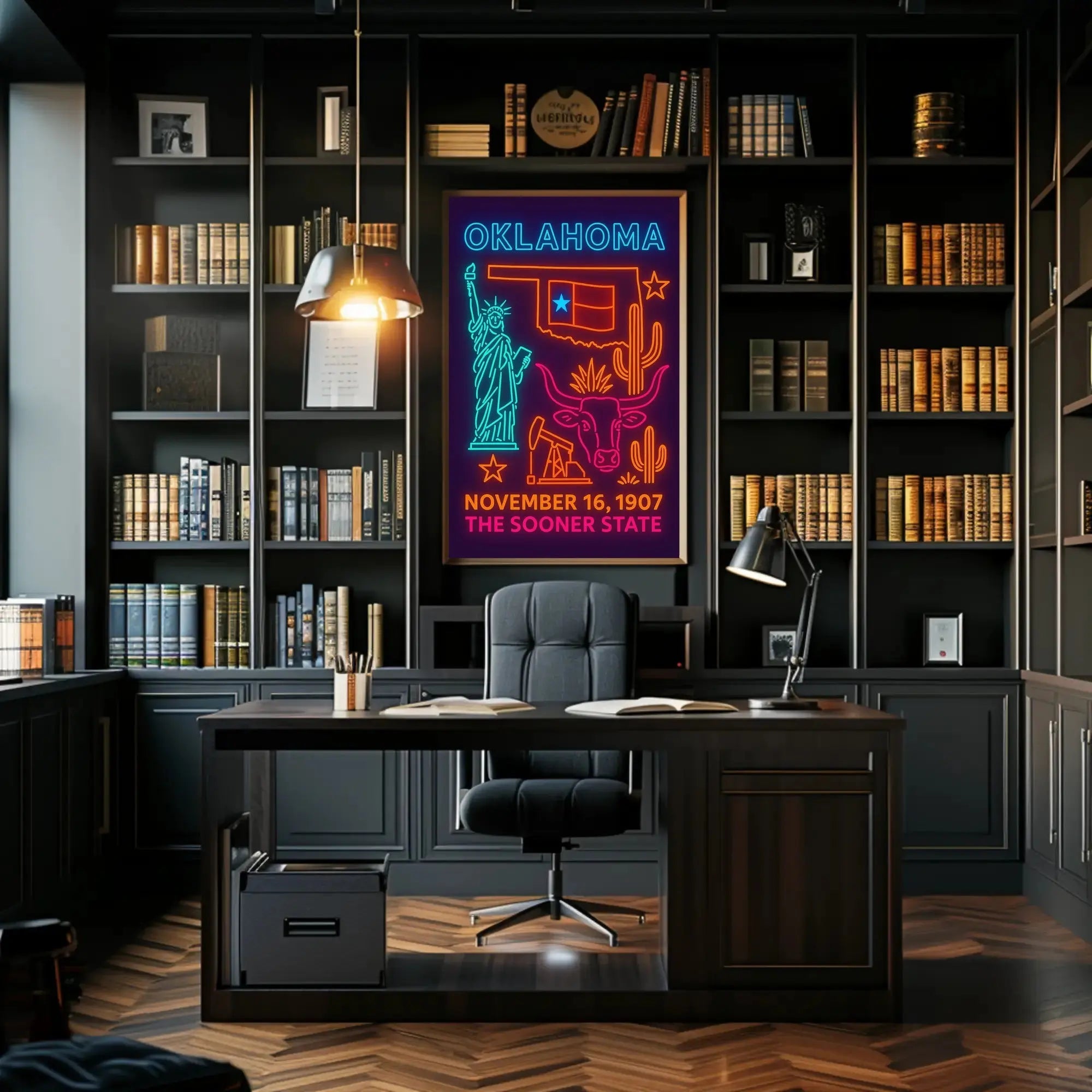 Oklahoma Statehood Neon Art Cultural Heritage Poster PosterGoat