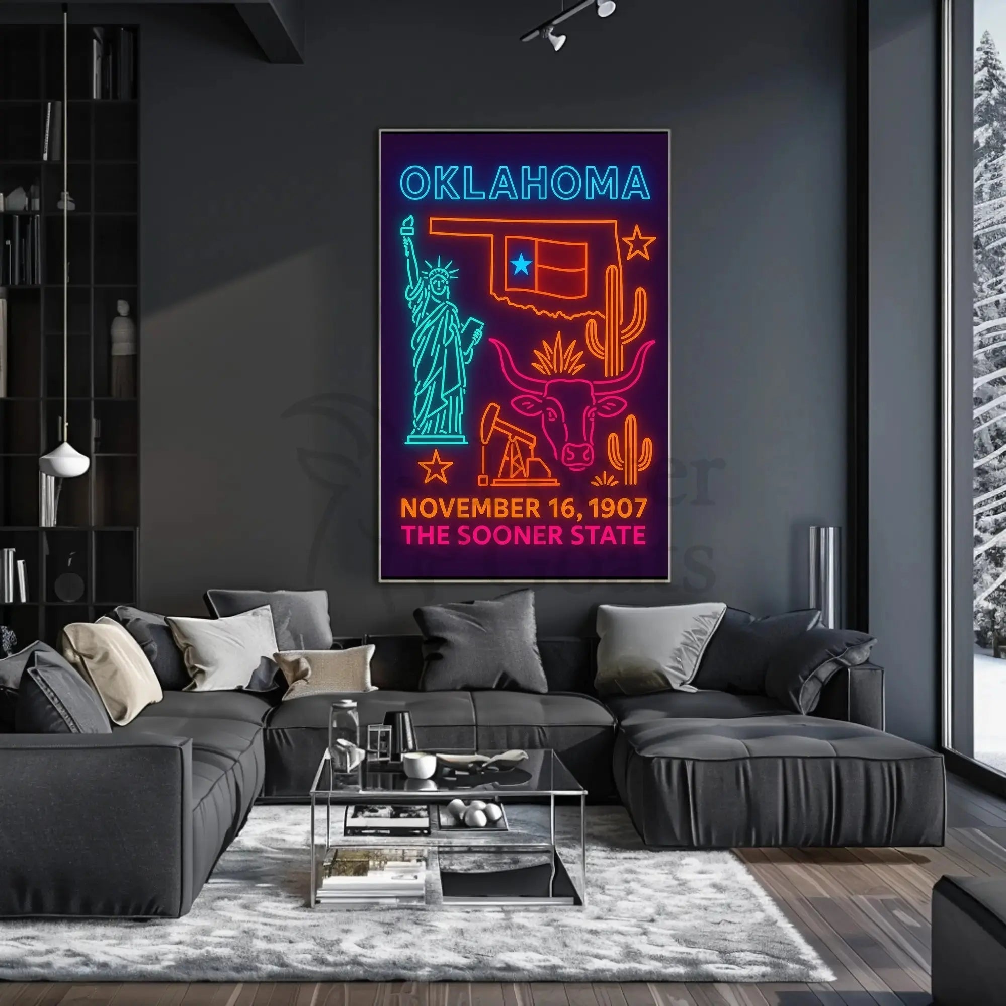 Oklahoma Statehood Neon Art Cultural Heritage Poster PosterGoat