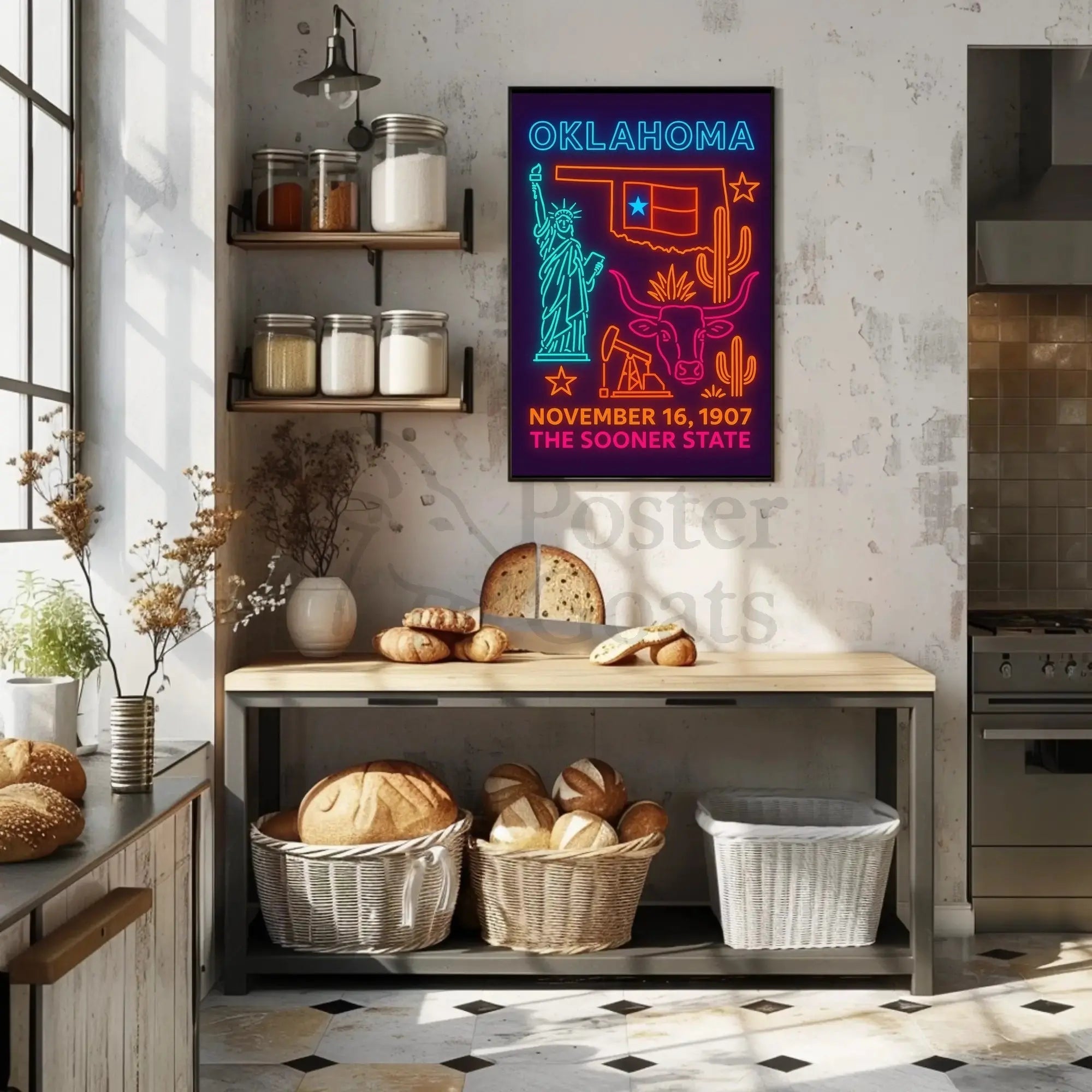 Oklahoma Statehood Neon Art Cultural Heritage Poster PosterGoat