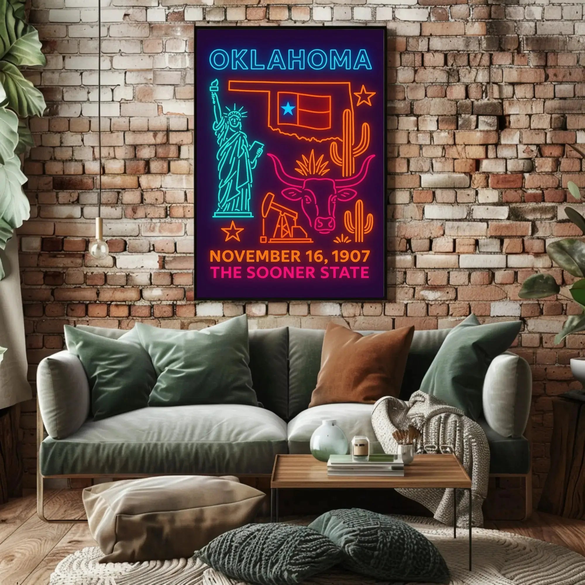Oklahoma Statehood Neon Art Cultural Heritage Poster PosterGoat