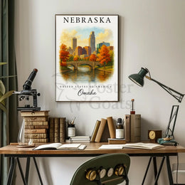 Omaha Autumn Cityscape Vintage Travel Poster PosterGoat