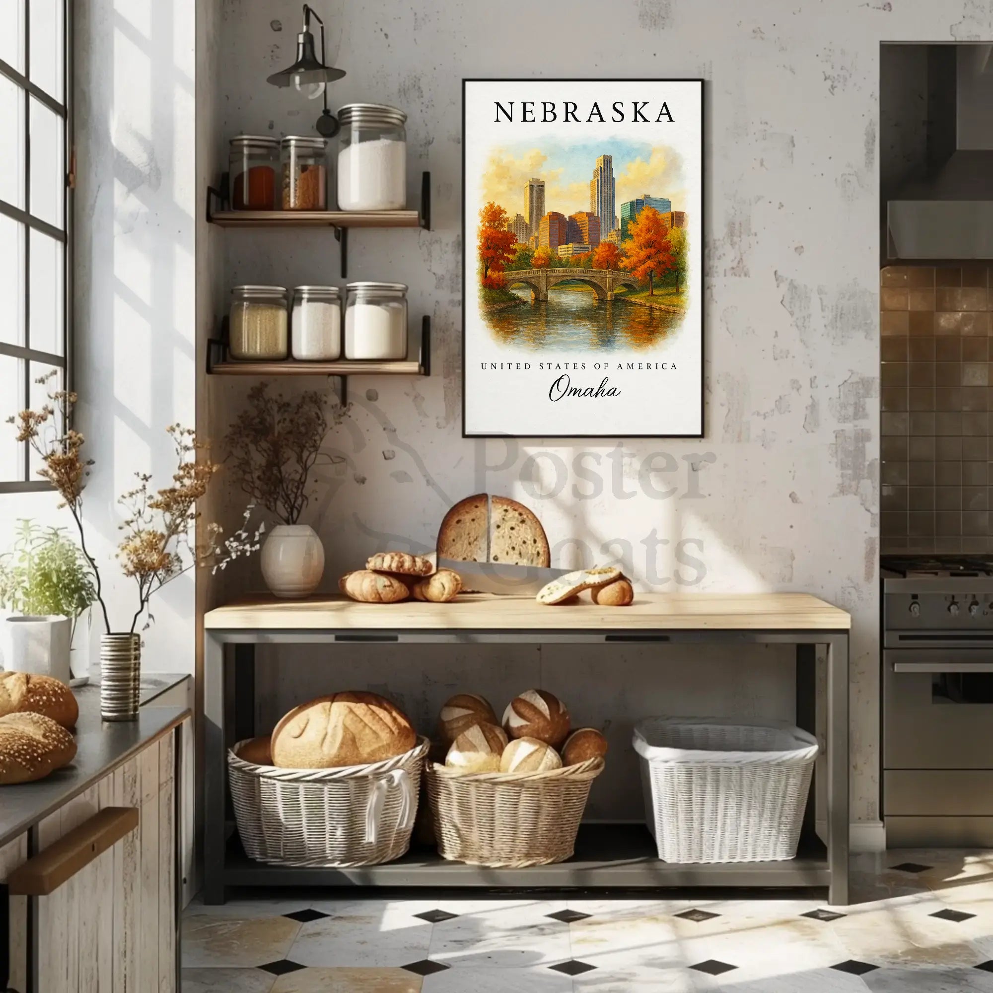 Omaha Autumn Cityscape Vintage Travel Poster PosterGoat
