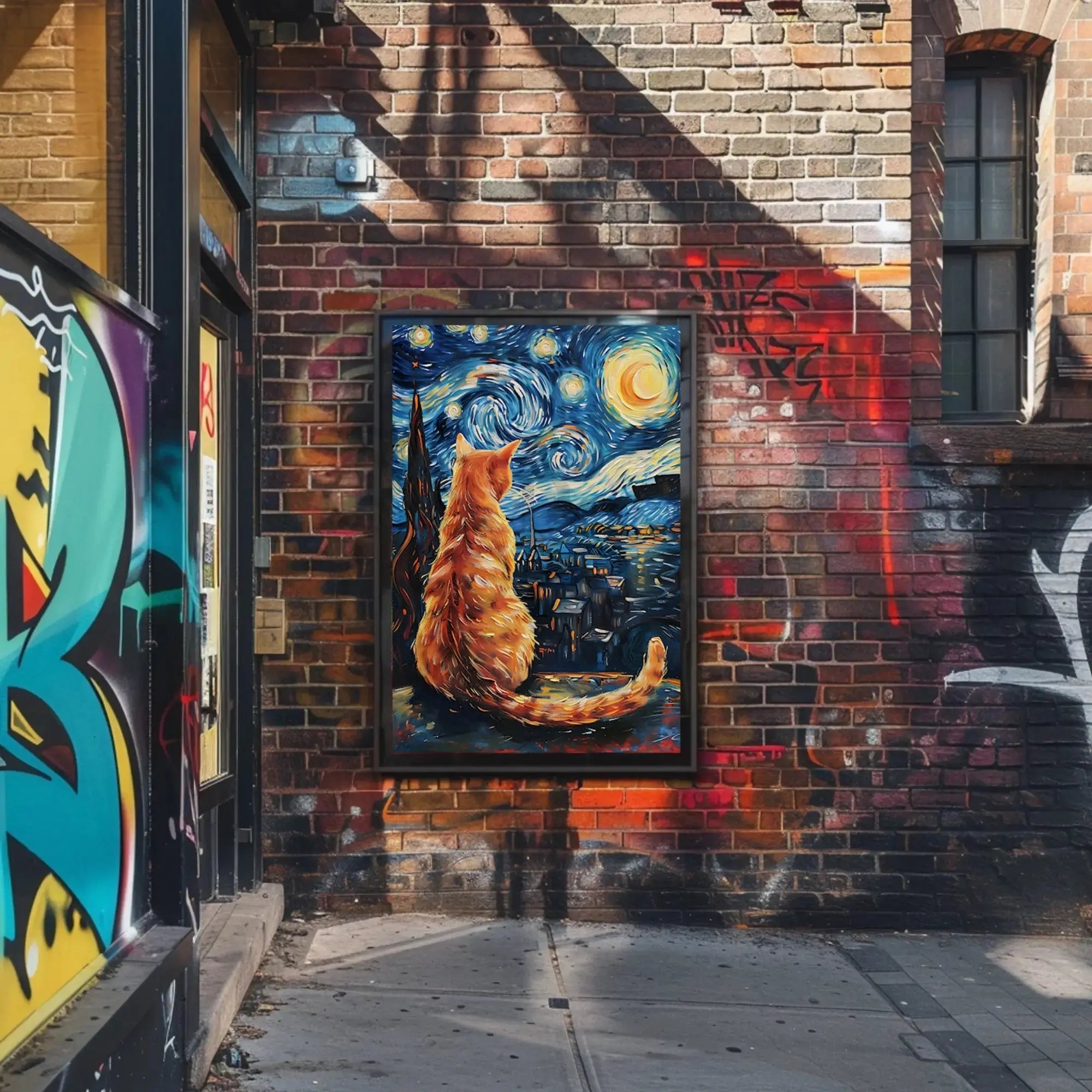 Orange Cat Starry Night-Inspired Artistic Poster PosterGoat