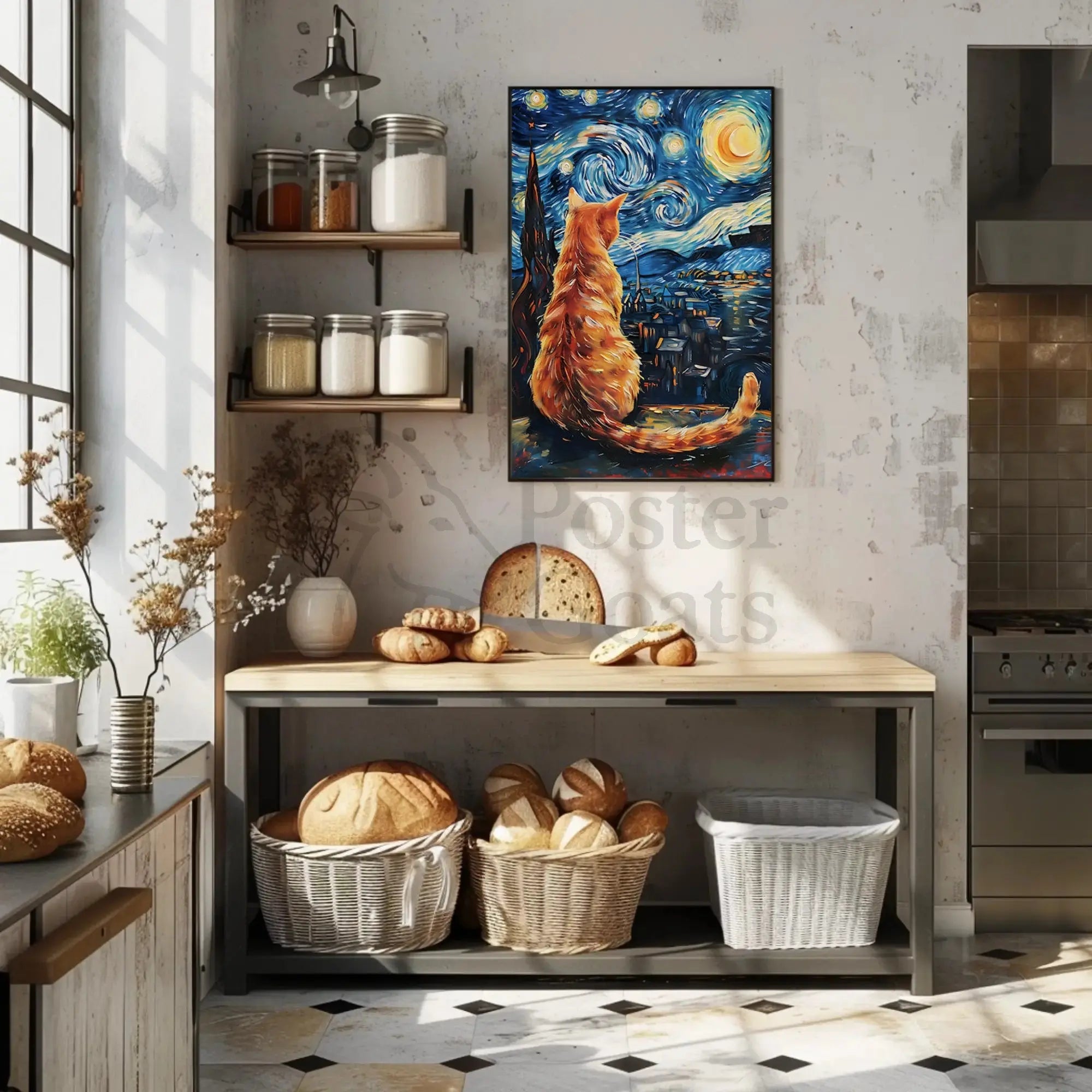 Orange Cat Starry Night-Inspired Artistic Poster PosterGoat
