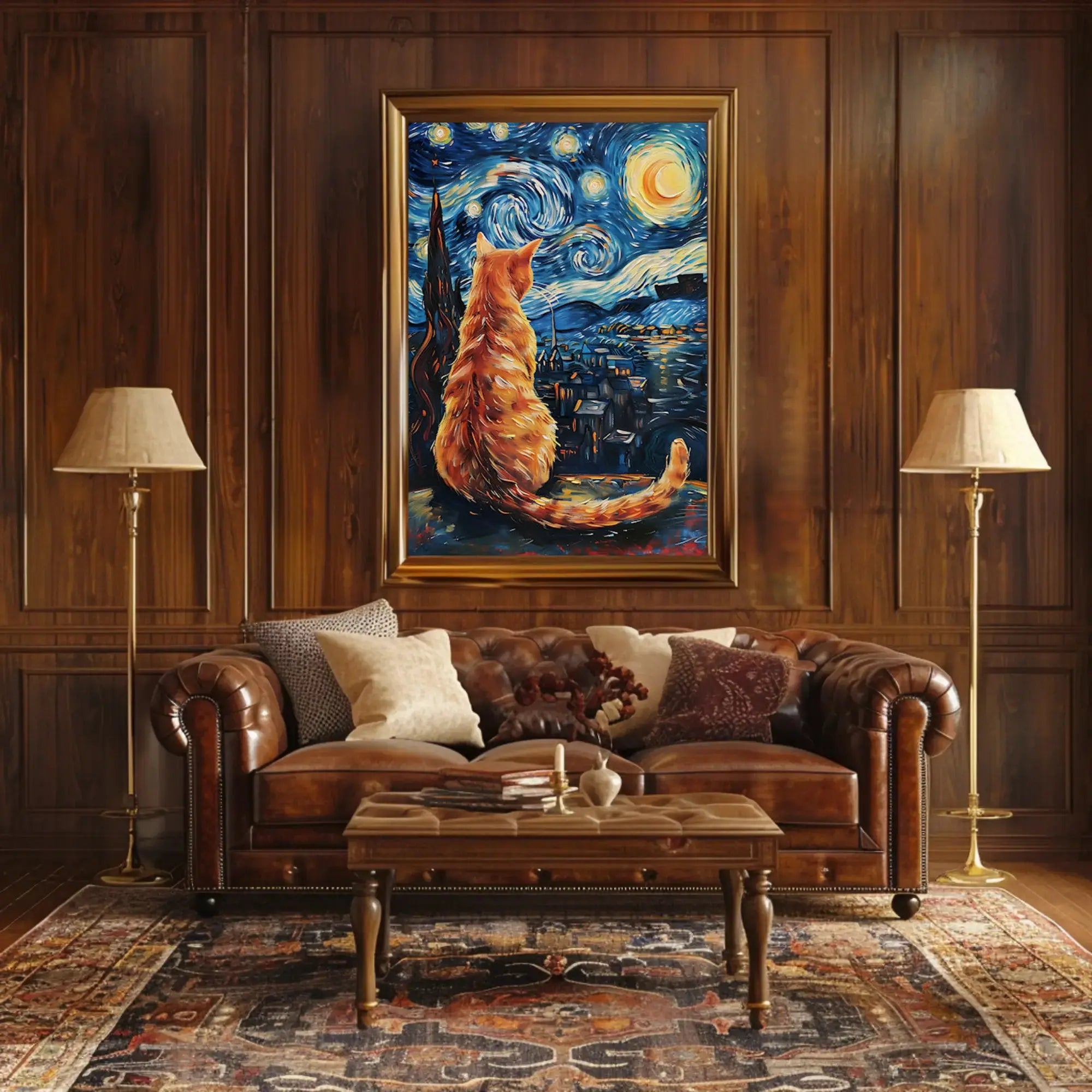 Orange Cat Starry Night-Inspired Artistic Poster PosterGoat