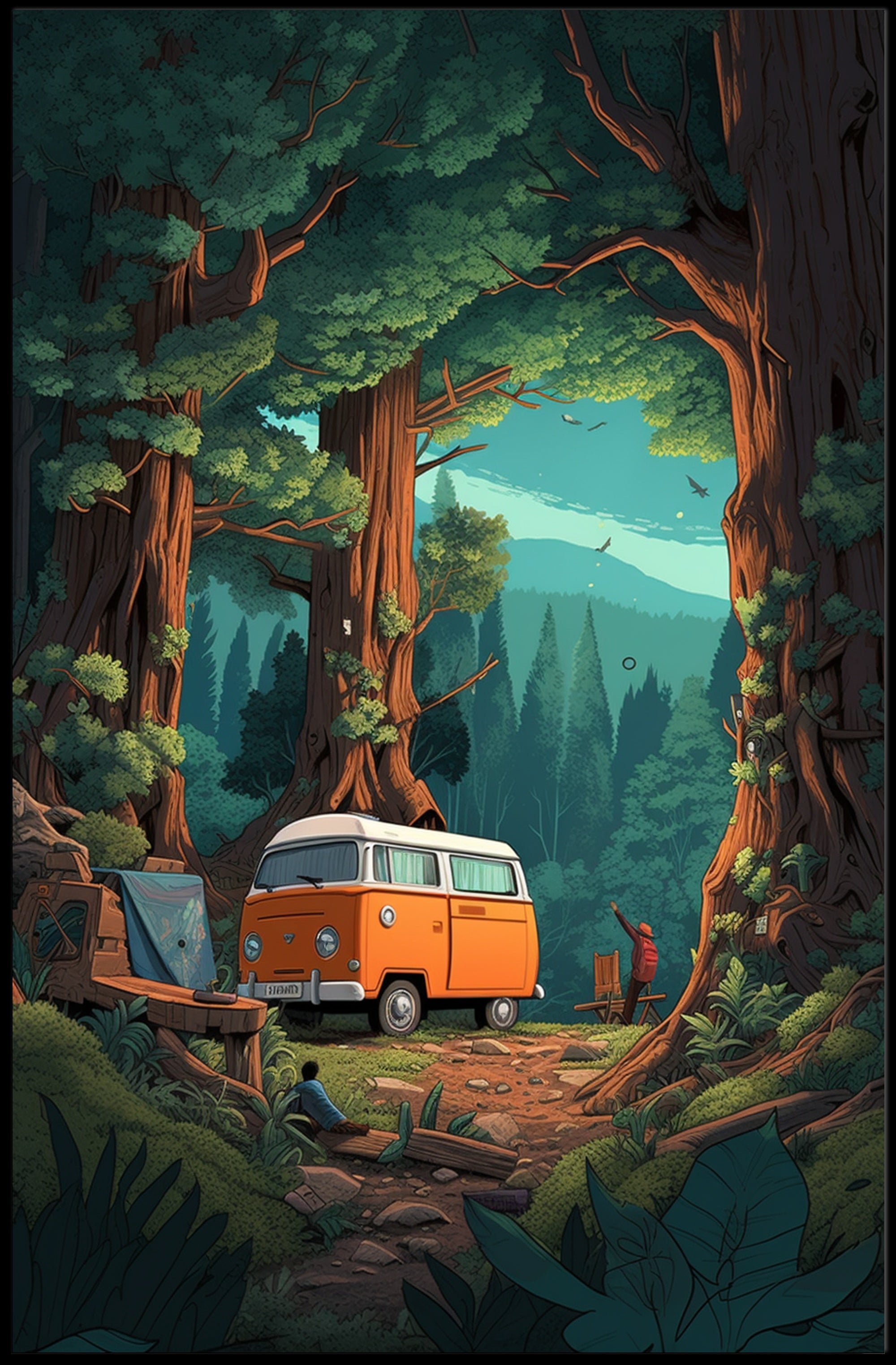 Orange Van in Majestic Forest Scene Travel Poster PosterGoat