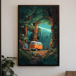 Orange Van in Majestic Forest Scene Travel Poster PosterGoat