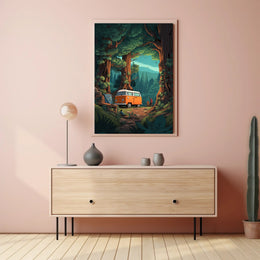 Orange Van in Majestic Forest Scene Travel Poster PosterGoat