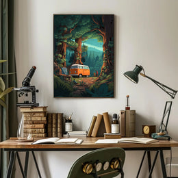 Orange Van in Majestic Forest Scene Travel Poster PosterGoat