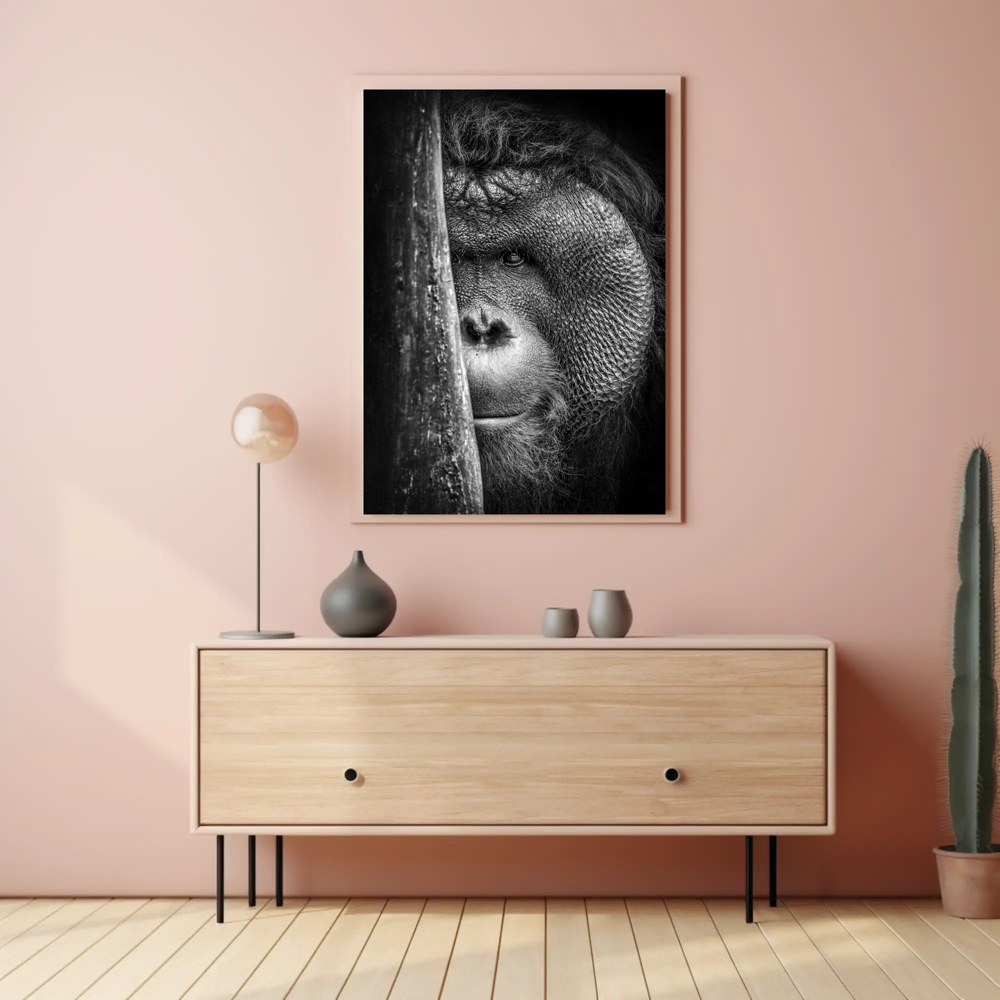 Orangutan Intrigue Photorealistic Black-and-White Animal Poster PosterGoat