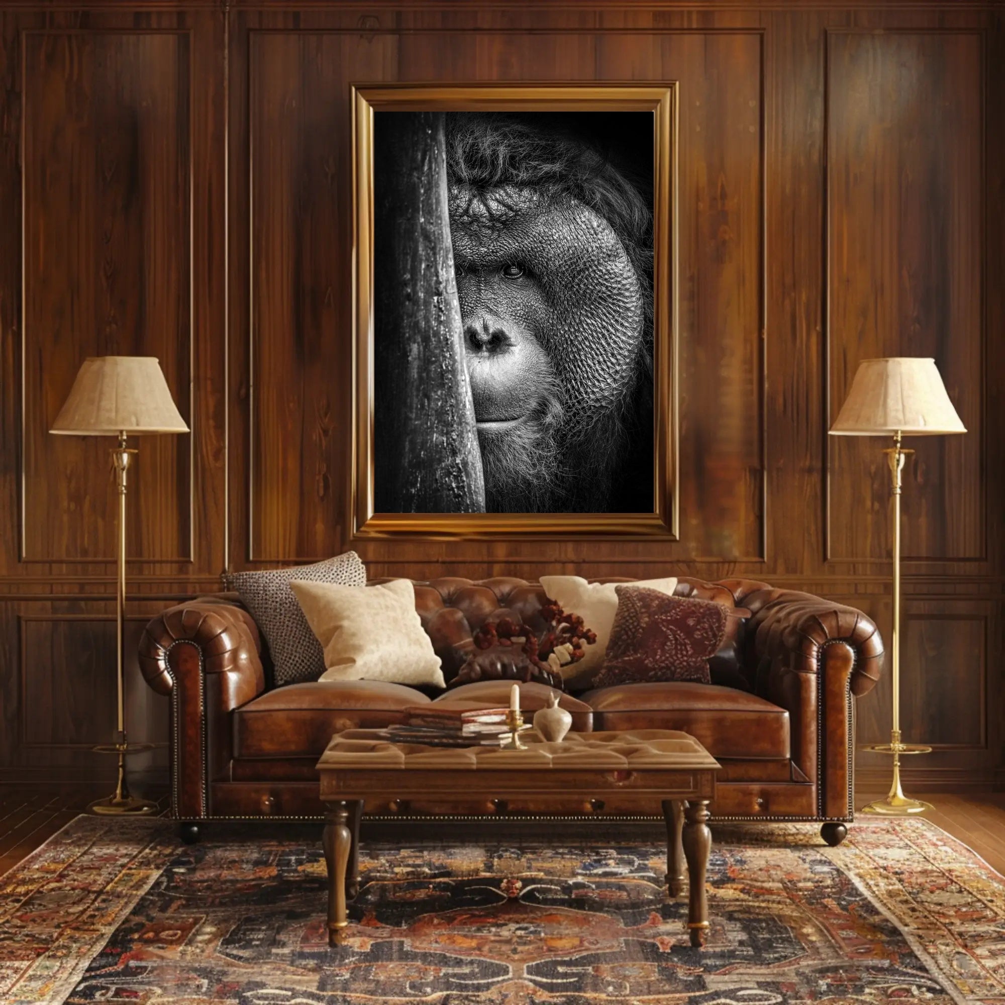 Orangutan Intrigue Photorealistic Black-and-White Animal Poster PosterGoat
