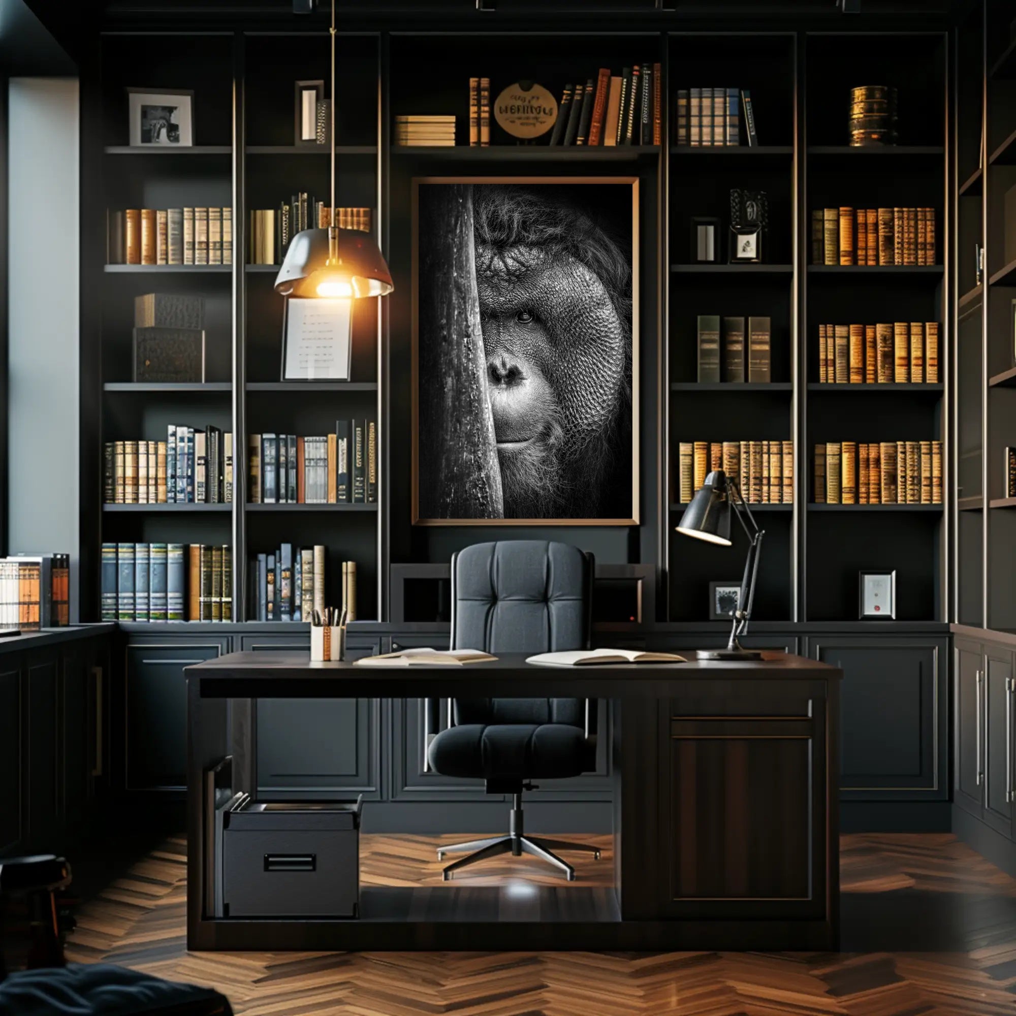 Orangutan Intrigue Photorealistic Black-and-White Animal Poster PosterGoat