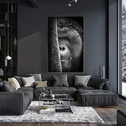 Orangutan Intrigue Photorealistic Black-and-White Animal Poster PosterGoat