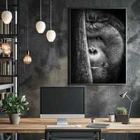Orangutan Intrigue Photorealistic Black-and-White Animal Poster PosterGoat