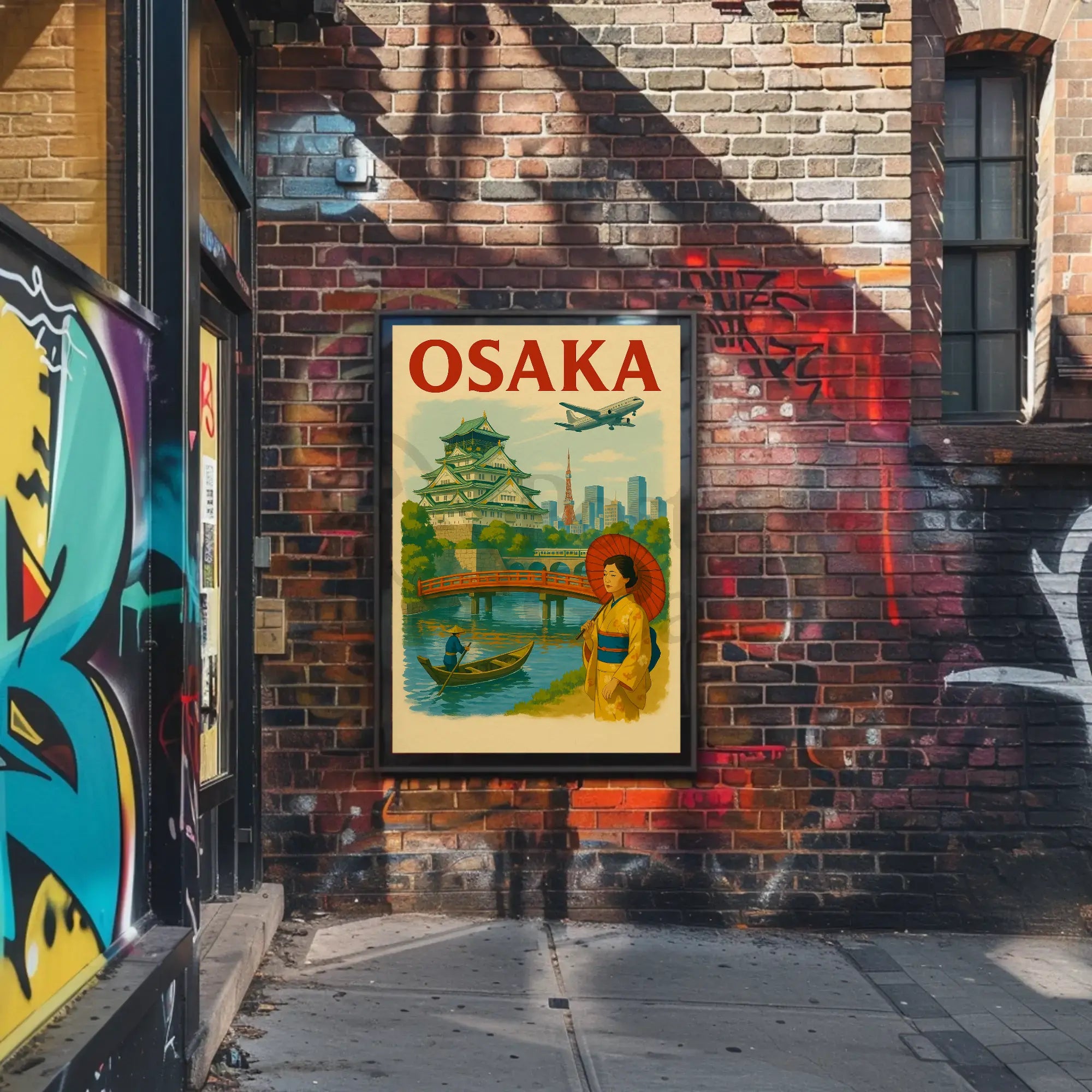 Vibrant Osaka Castle Vintage Travel Poster showcasing Japan's cultural heritage with iconic architecture and scenic views.