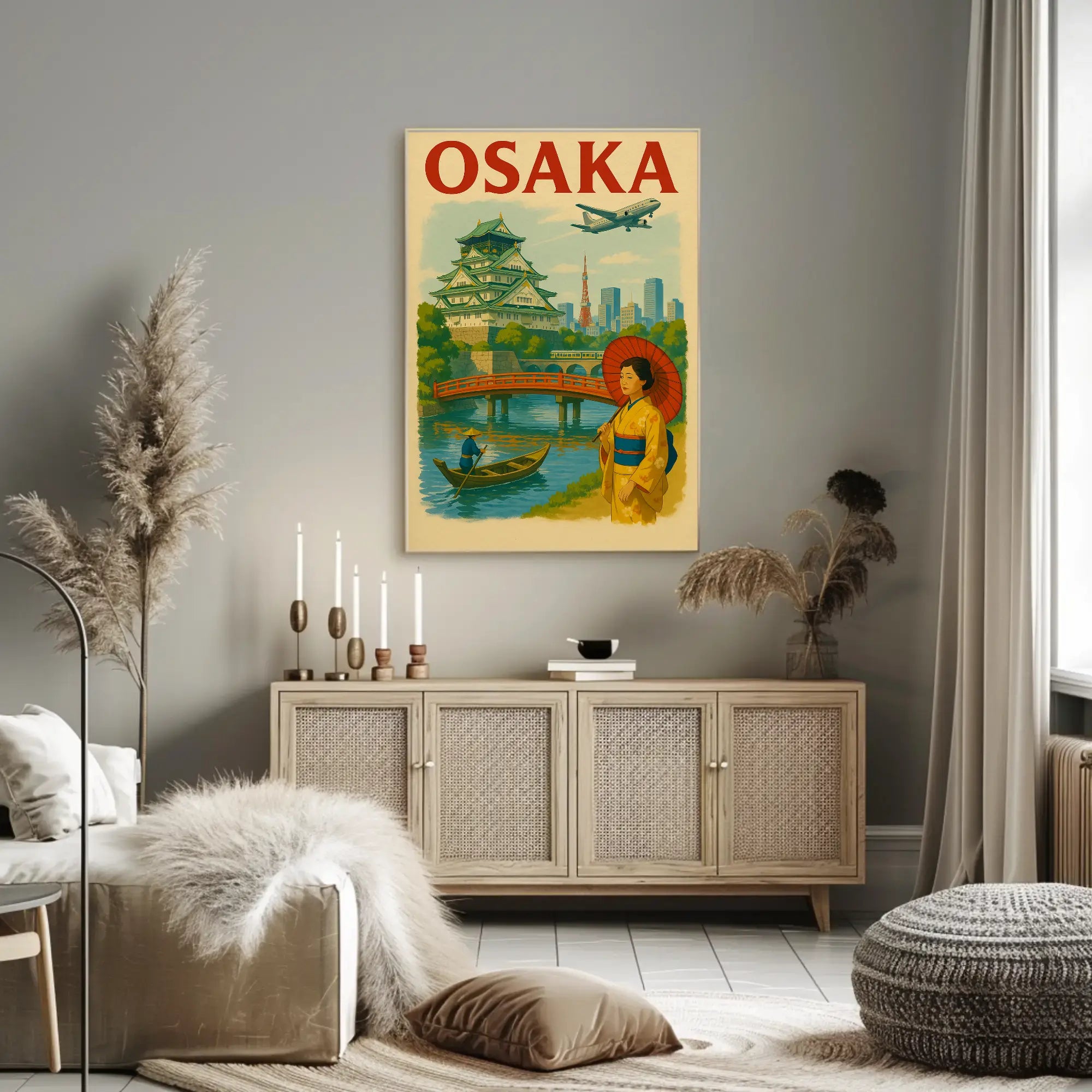 Osaka Castle Vintage Travel Poster by Chroma Art captures Japan's cultural heritage with vibrant art featuring Osaka Castle and a traditional woman.