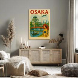 Osaka Castle Vintage Travel Poster by Chroma Art captures Japan's cultural heritage with vibrant art featuring Osaka Castle and a traditional woman.