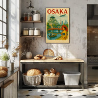 Osaka Castle Vintage Travel Poster by ShopName features iconic Osaka Castle with vibrant Japanese cultural elements.