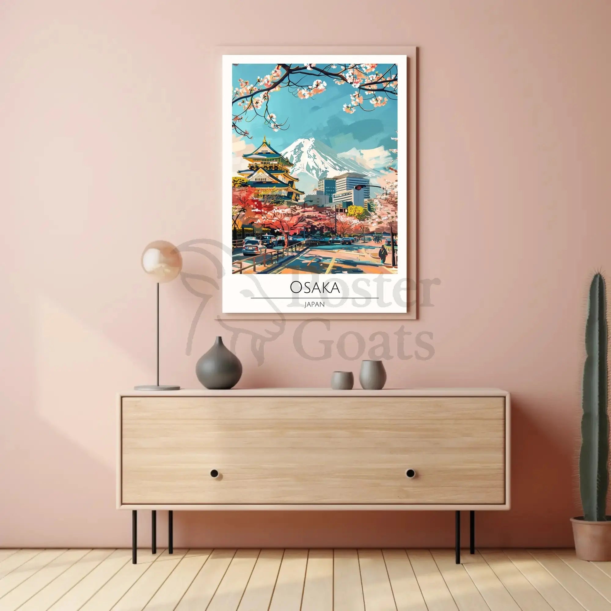 Osaka Skyline with Castle and Cherry Blossoms Travel Poster PosterGoat