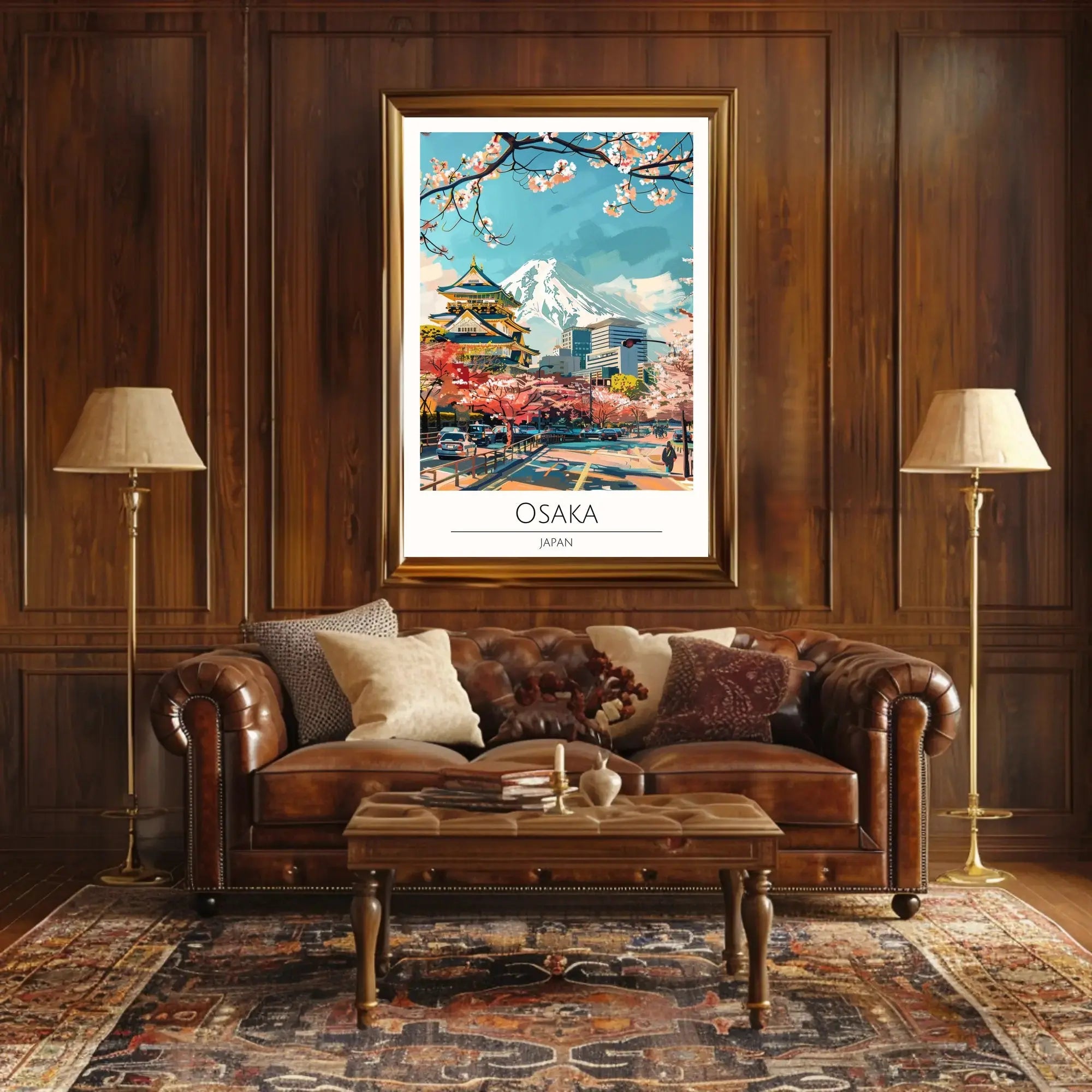 Osaka Skyline with Castle and Cherry Blossoms Travel Poster PosterGoat