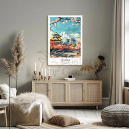 Osaka Skyline with Castle and Cherry Blossoms Travel Poster PosterGoat
