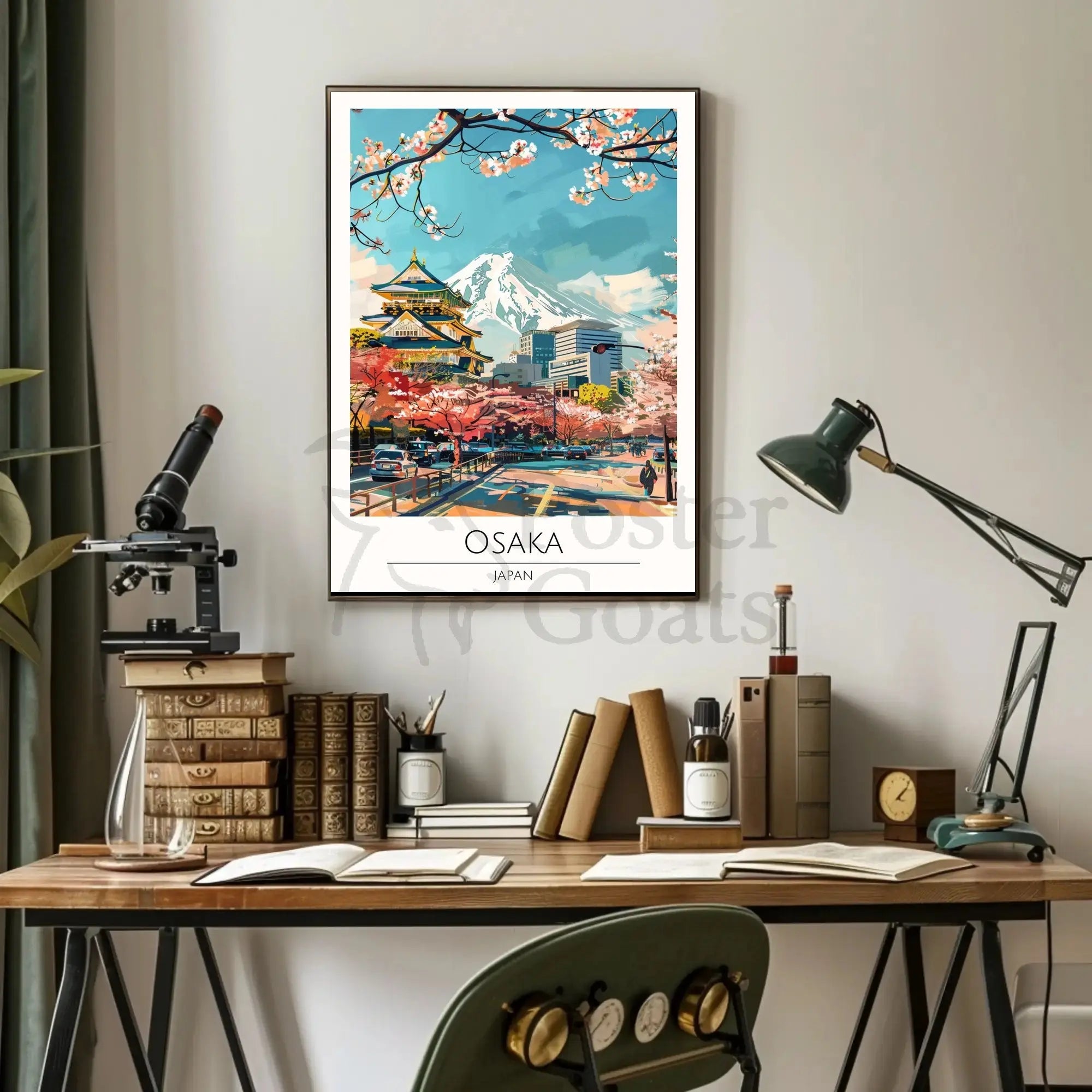 Osaka Skyline with Castle and Cherry Blossoms Travel Poster PosterGoat