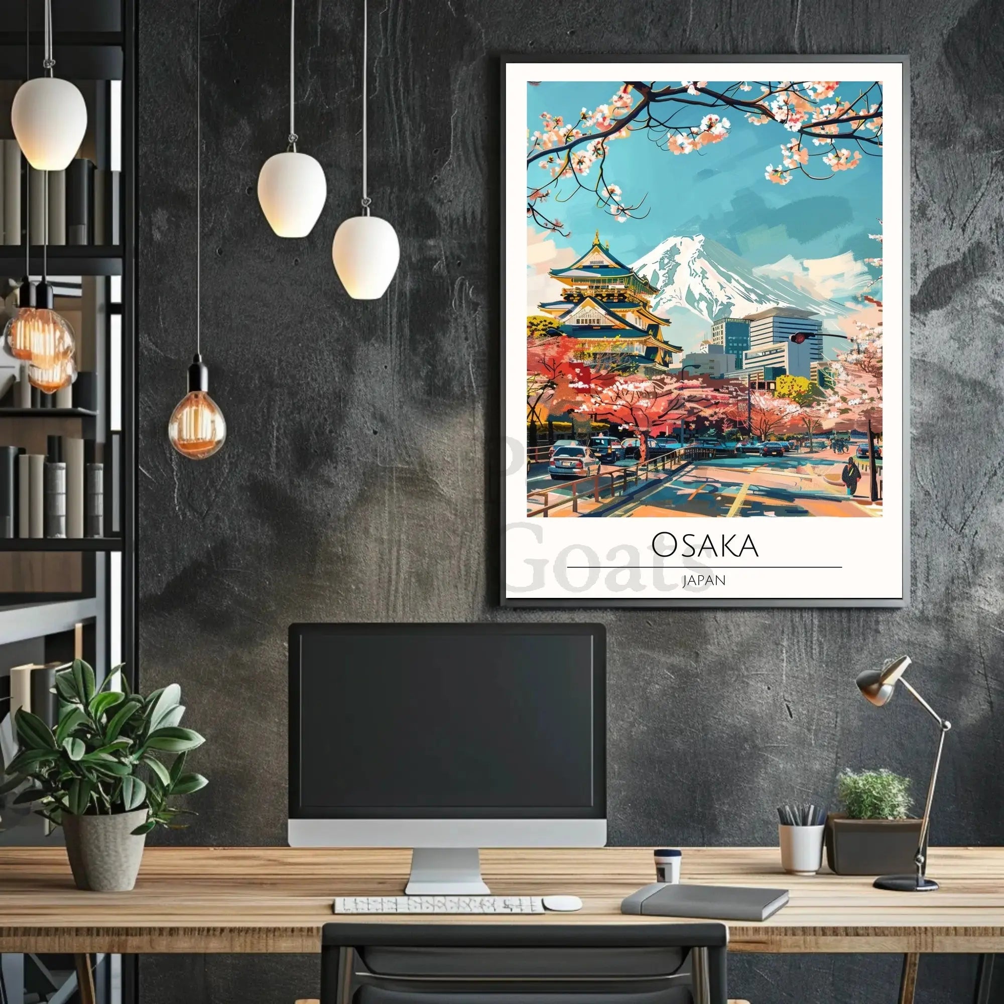 Osaka Skyline with Castle and Cherry Blossoms Travel Poster PosterGoat