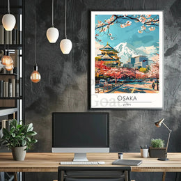 Osaka Skyline with Castle and Cherry Blossoms Travel Poster PosterGoat