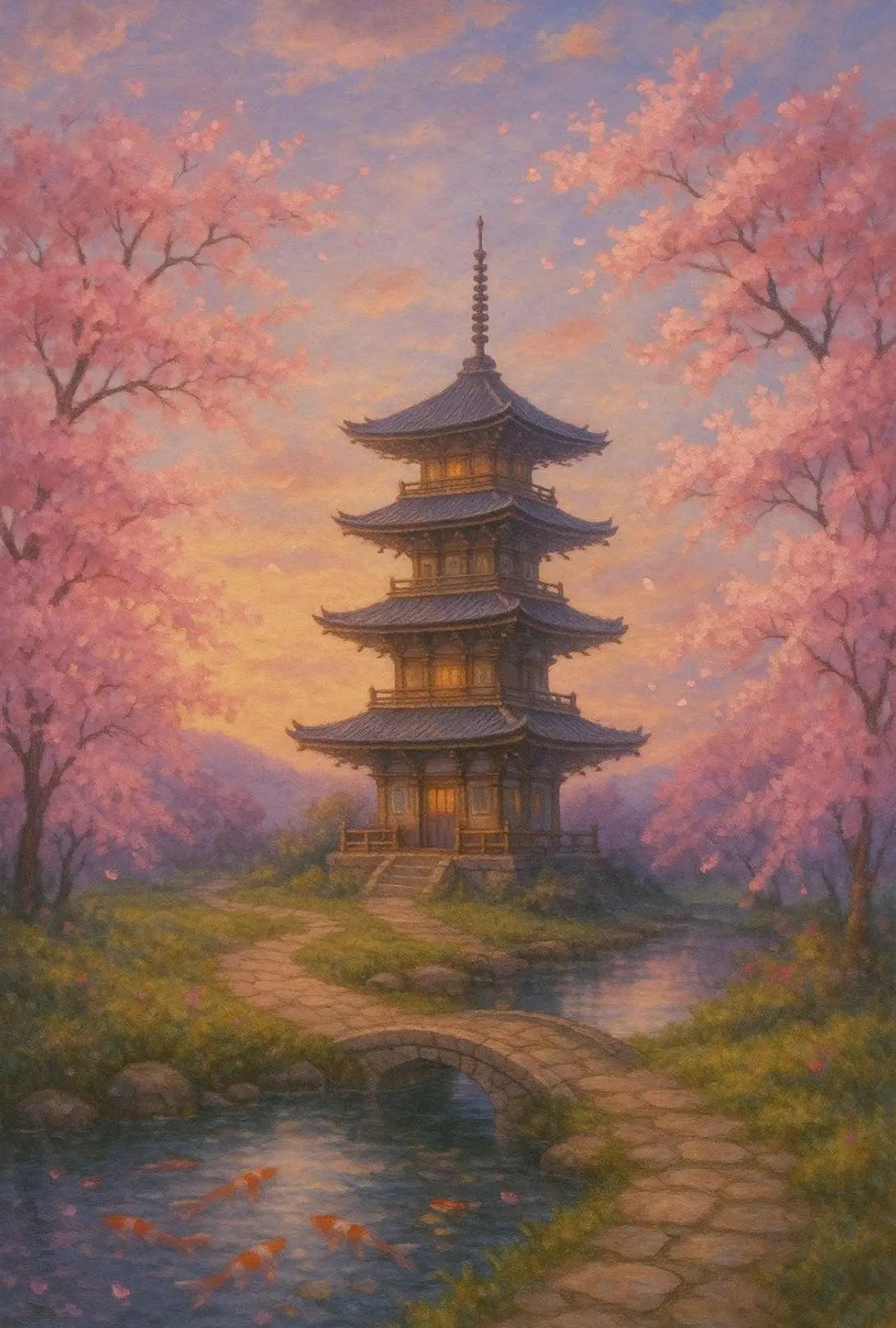 a painting of a pagoda and trees Travel Poster with cherry blossoms and koi pond by Lantern Press