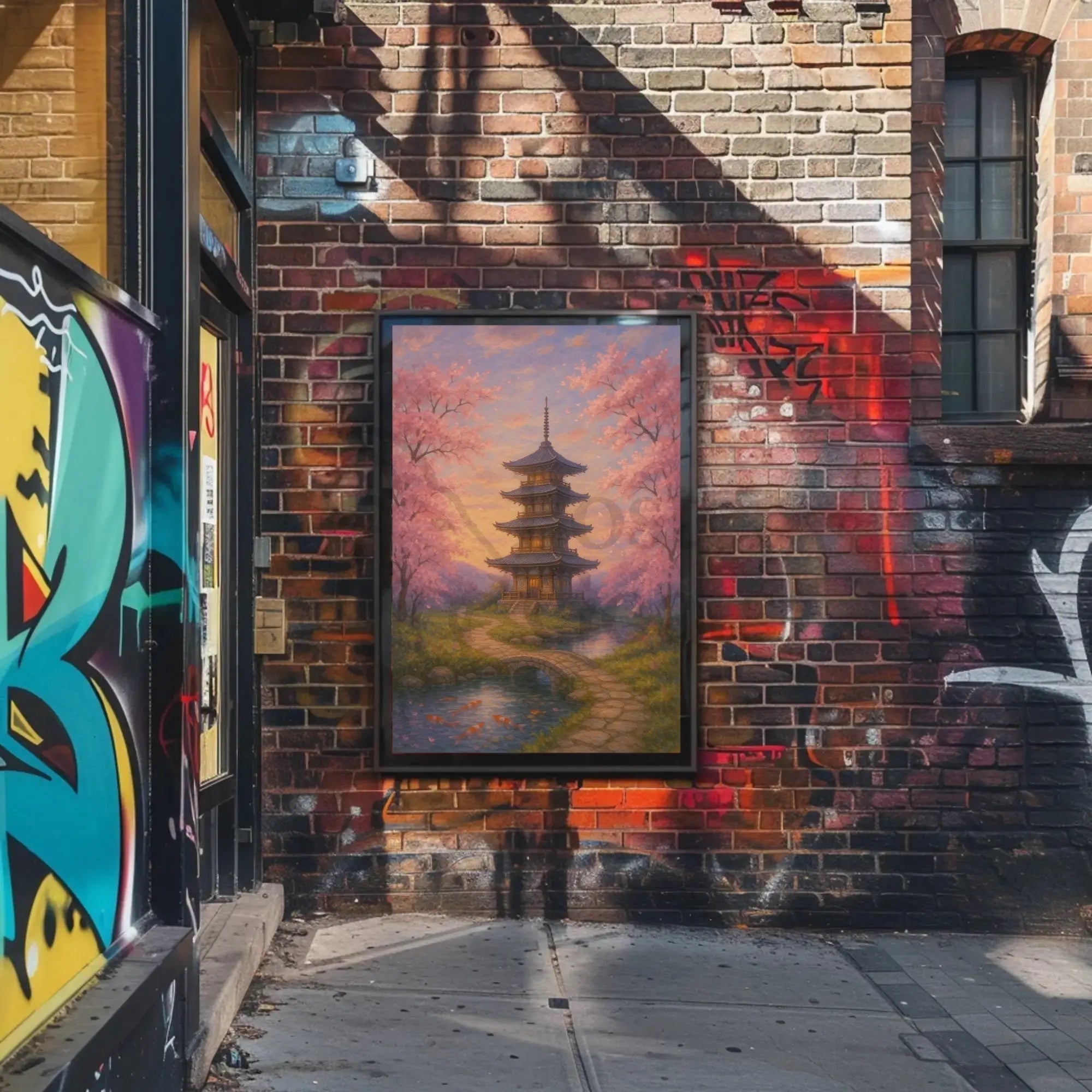 A painting of a pagoda and trees Travel Poster with cherry blossoms and sunset, perfect for urban decor and wanderlust.