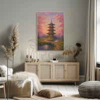 a painting of a pagoda and trees Travel Poster displayed in a cozy modern room with neutral decor and natural accents