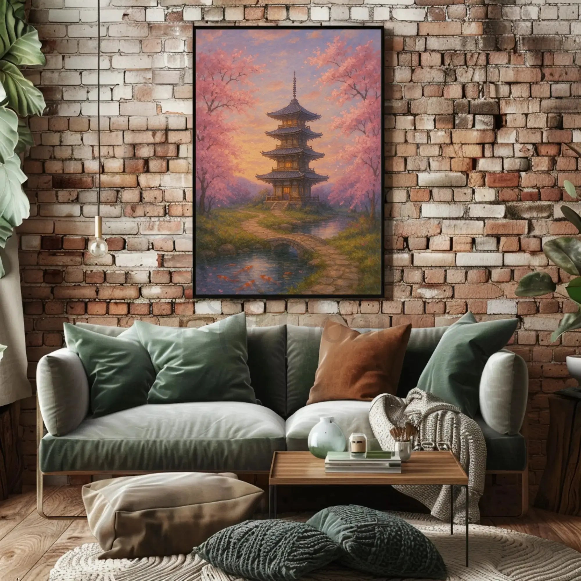 a painting of a pagoda and trees Travel Poster displayed above a cozy sofa in a stylish living room setting
